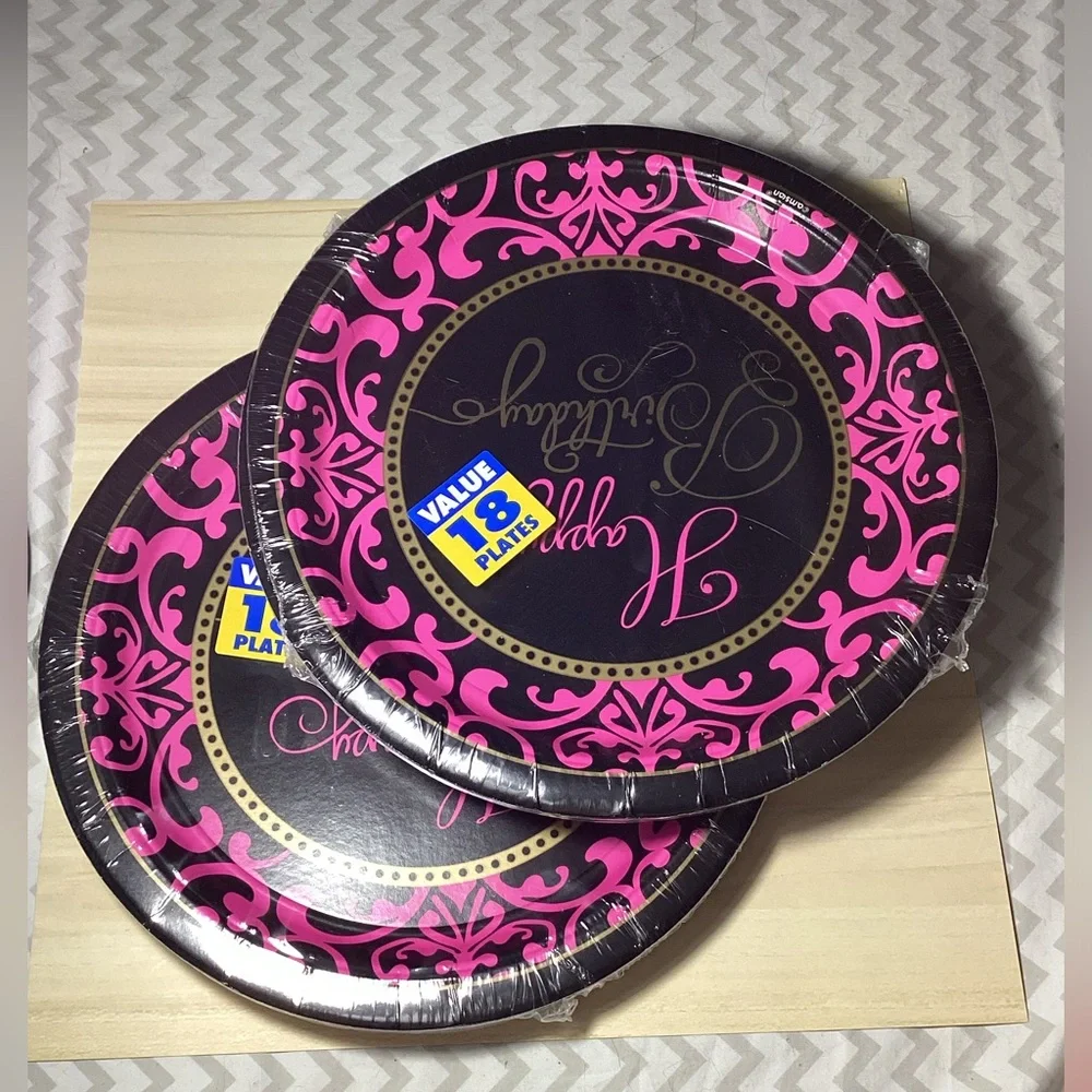 Black and Pink Happy Birthday Plates, Napkins, and Cups Set